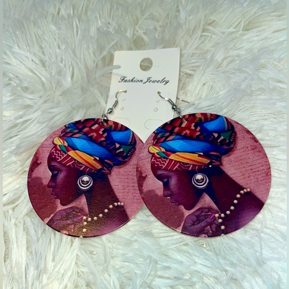 African Queen black woman drop wooden Earrings Afrocentric jewelry new round